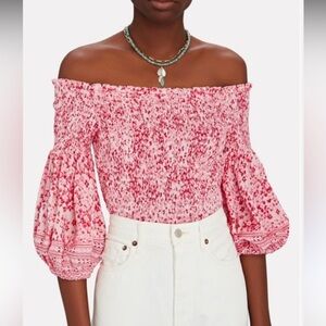 Poupette St Barth Ariel Smocked Off-the-Shoulder Crop Top Size M/L